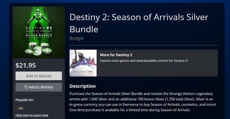 Destiny2: Season of Arrivals avvistato sul PlayStation Store